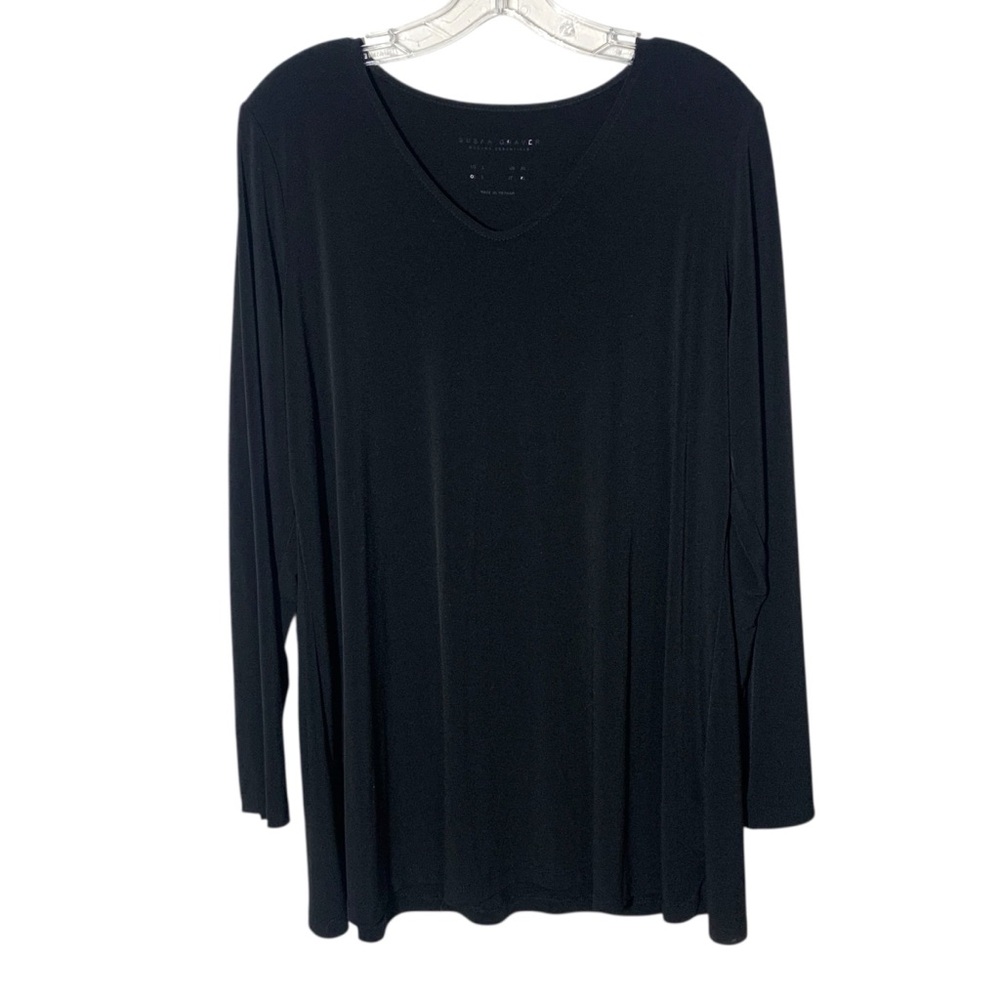 Susan Graver Women Liquid Knit V-Neck Top Large Black Blouse Tunic Long Sleeve
